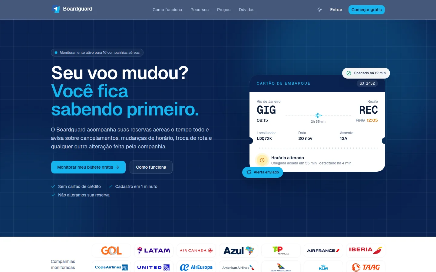 Página inicial da plataforma Boardguard de monitoramento de passagens aéreas