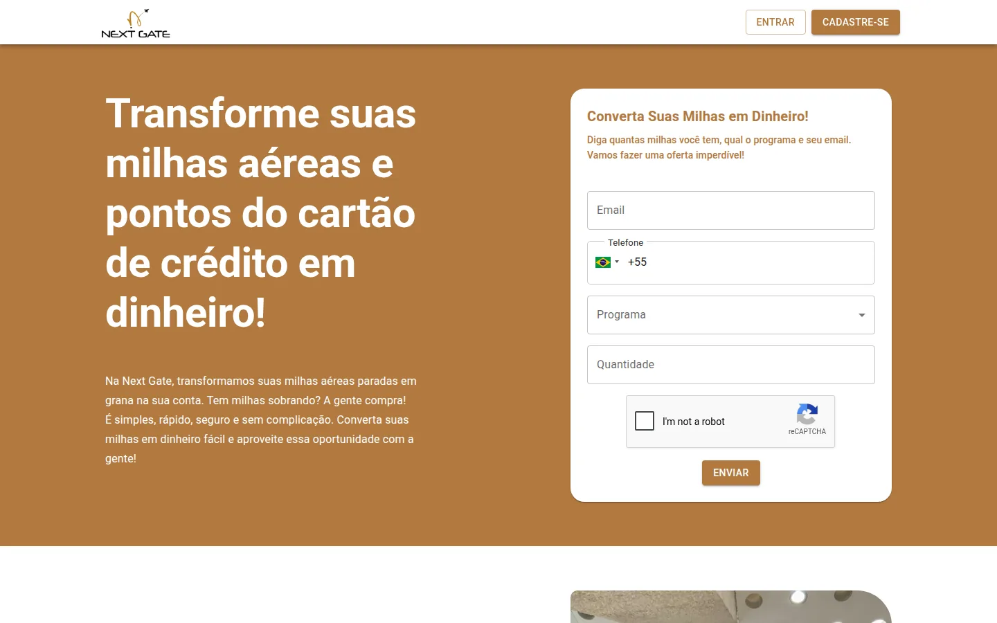 Página inicial da Next Gate Pontos e Milhas com formulário de cotação de milhas
